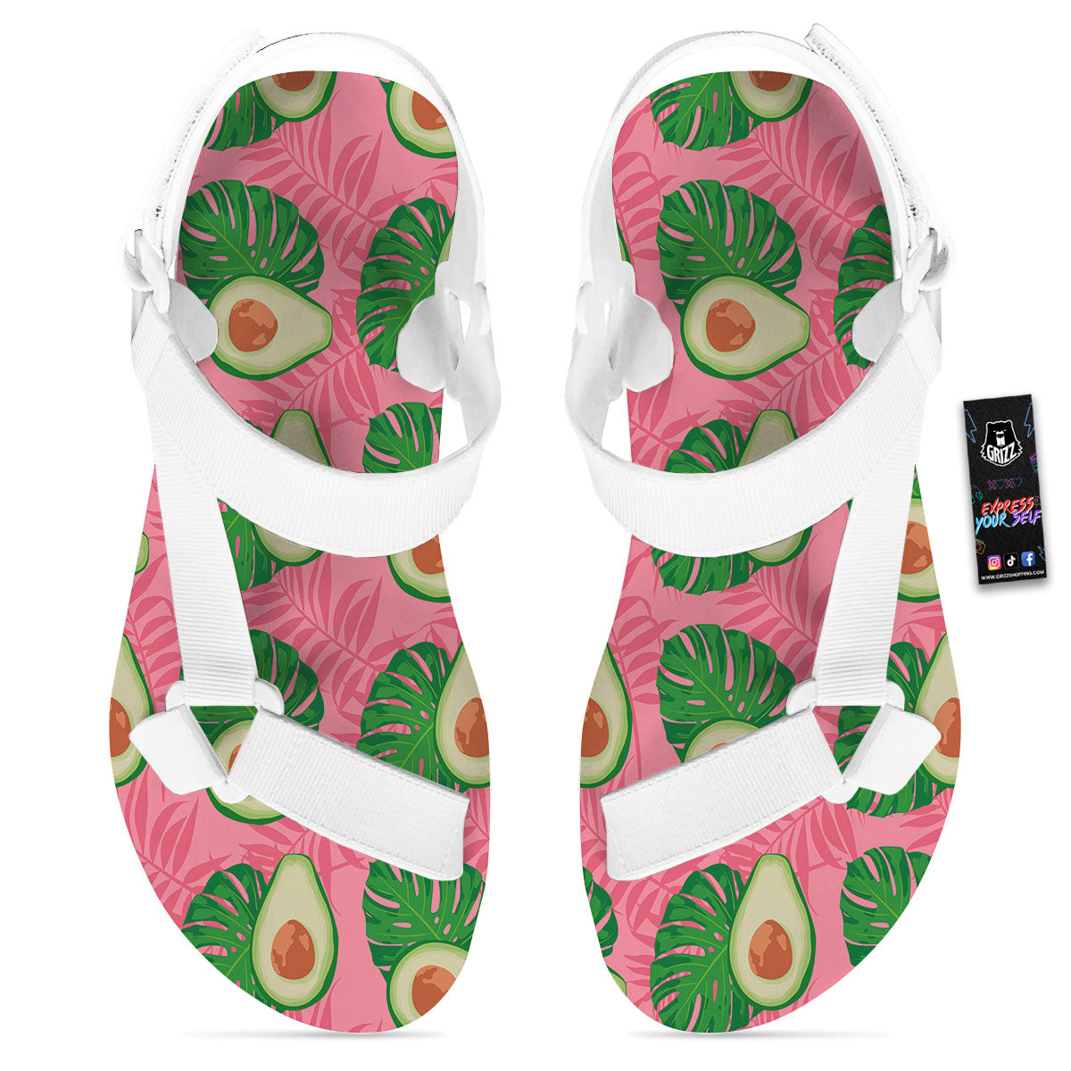 Plam Leaf And Avocado Pink Print Pattern White Open Toe Sandals-grizzshop