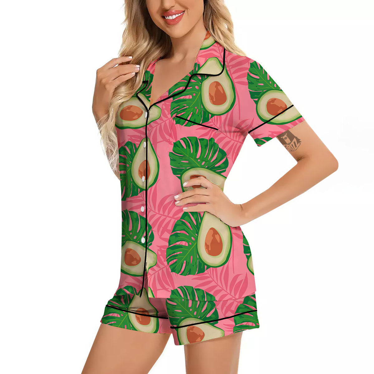 Plam Leaf And Avocado Pink Print Pattern Women Silk Pajamas-grizzshop