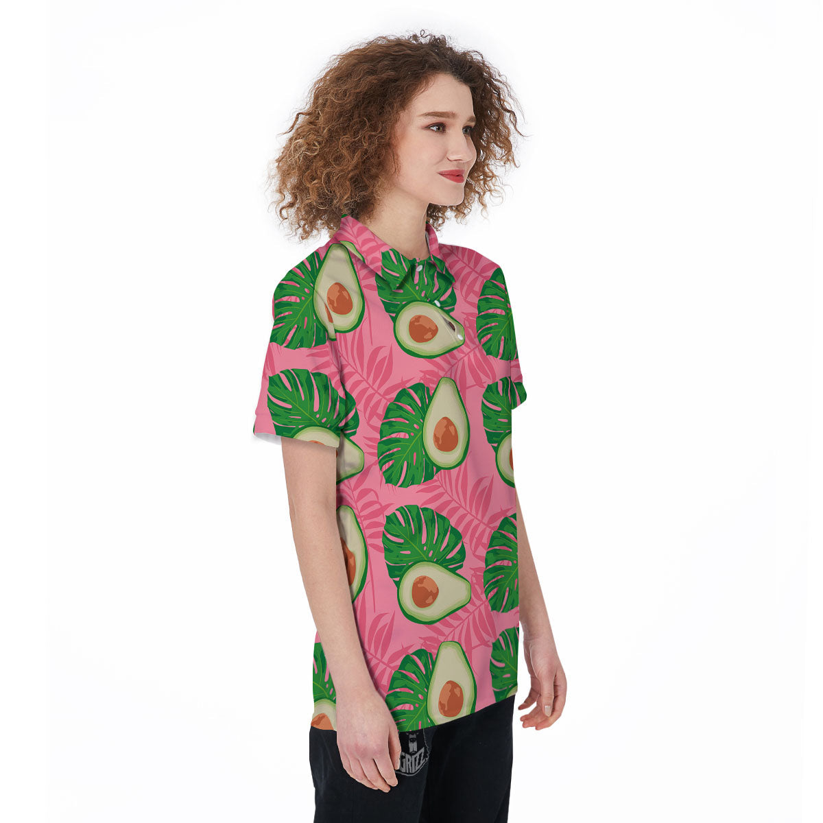 Plam Leaf And Avocado Pink Print Pattern Women's Golf Shirts-grizzshop