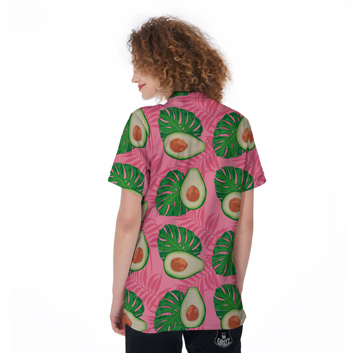 Plam Leaf And Avocado Pink Print Pattern Women's Golf Shirts-grizzshop