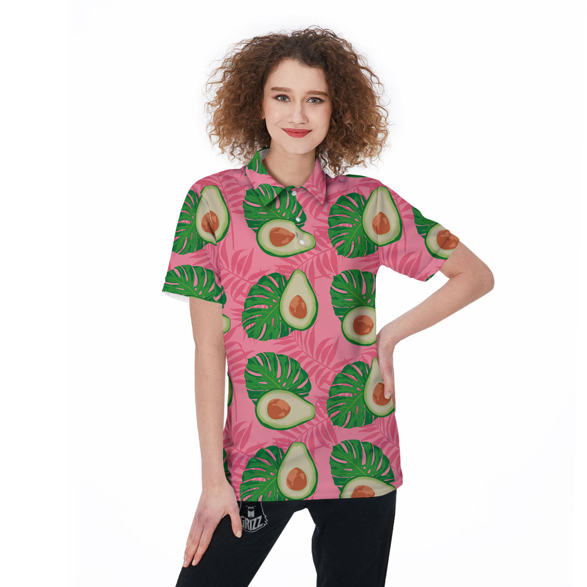 Plam Leaf And Avocado Pink Print Pattern Women's Golf Shirts-grizzshop