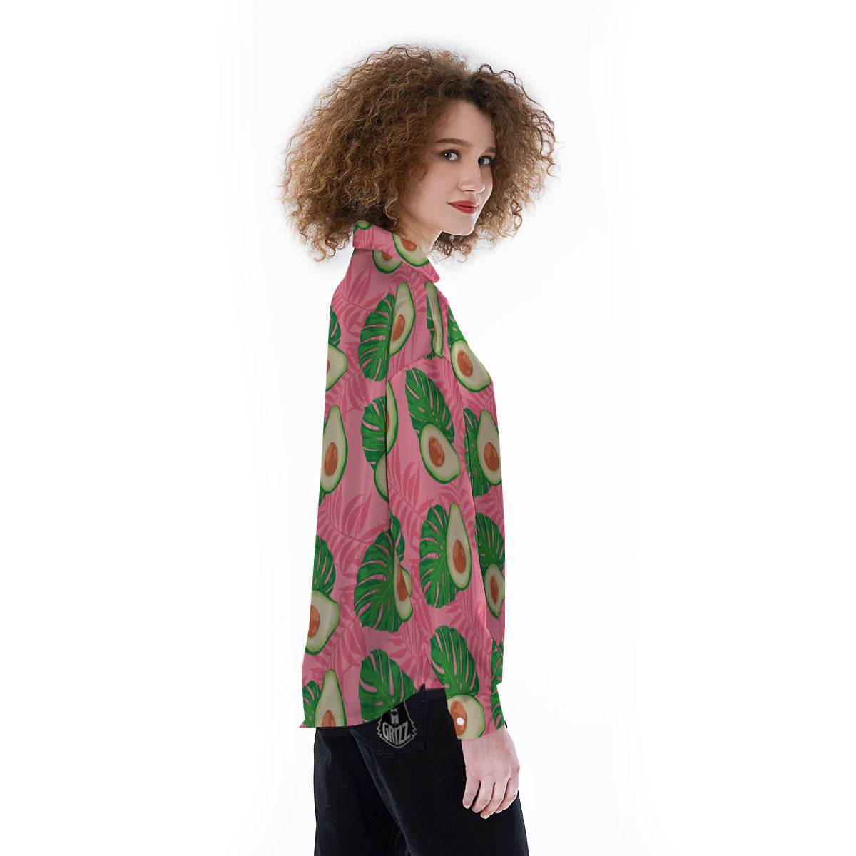 Plam Leaf And Avocado Pink Print Pattern Women's Long Sleeve Shirts-grizzshop