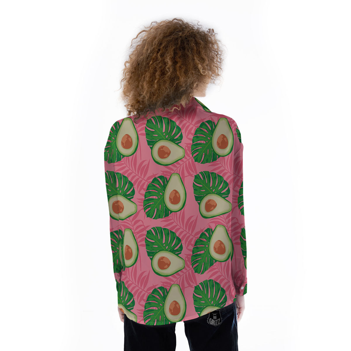 Plam Leaf And Avocado Pink Print Pattern Women's Long Sleeve Shirts-grizzshop