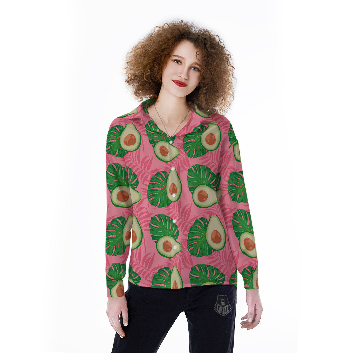 Plam Leaf And Avocado Pink Print Pattern Women's Long Sleeve Shirts-grizzshop