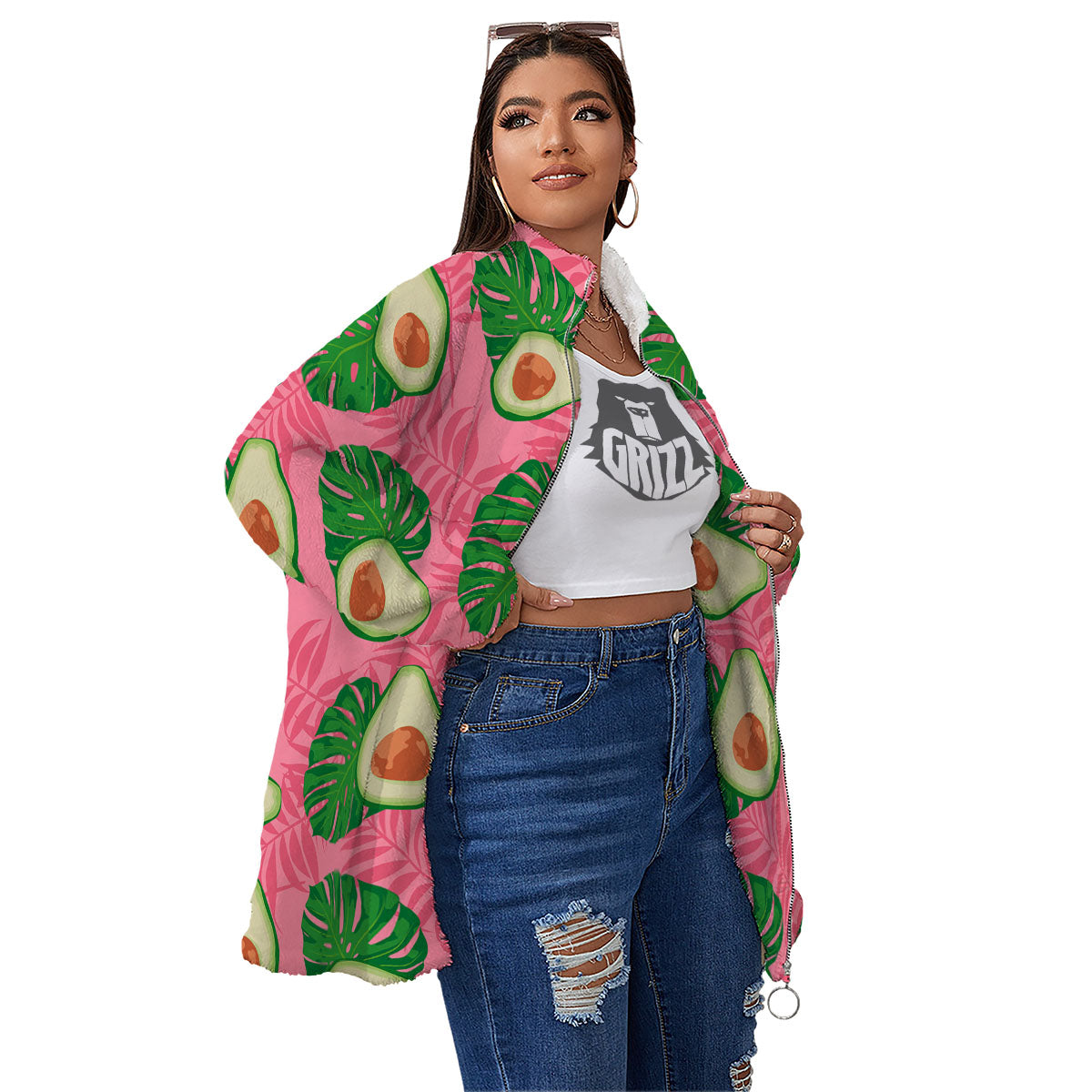 Plam Leaf And Avocado Pink Print Pattern Women's Sherpa Jacket-grizzshop