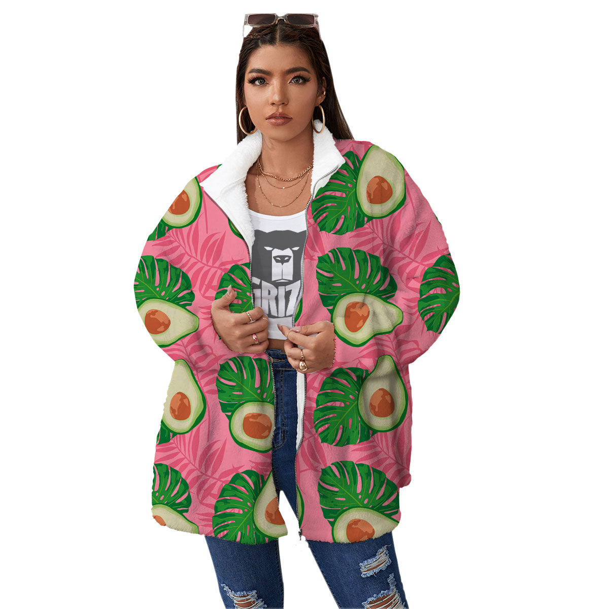 Plam Leaf And Avocado Pink Print Pattern Women's Sherpa Jacket-grizzshop