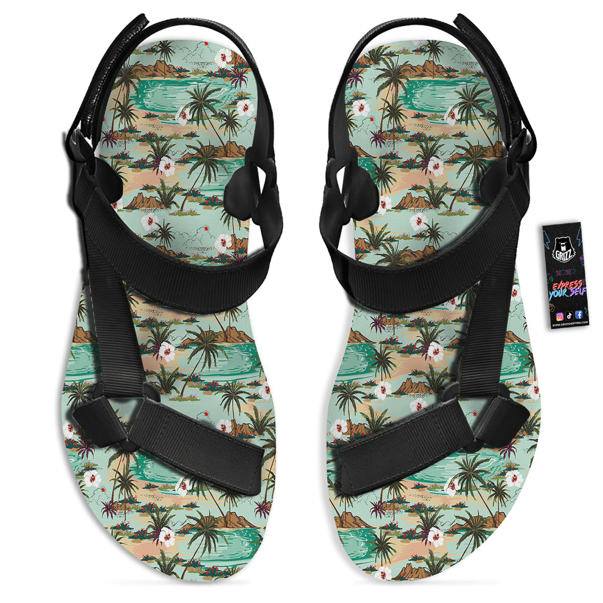 Plam Tree Beach Summer Print Pattern Black Open Toe Sandals-grizzshop
