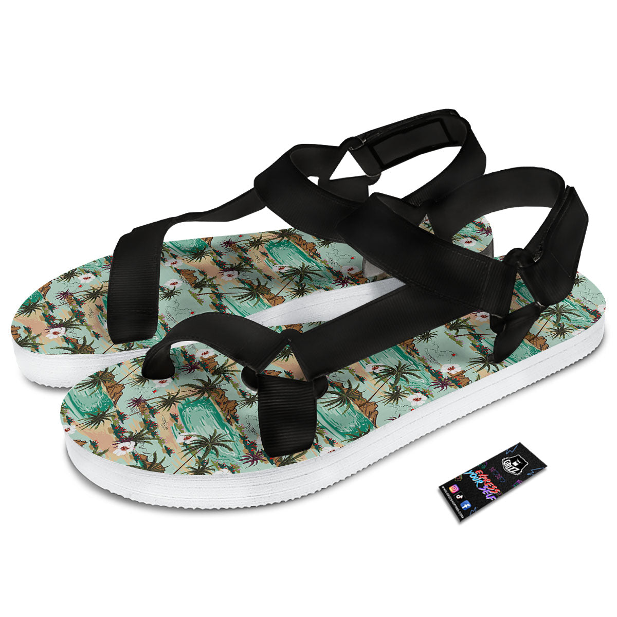 Plam Tree Beach Summer Print Pattern Black Open Toe Sandals-grizzshop