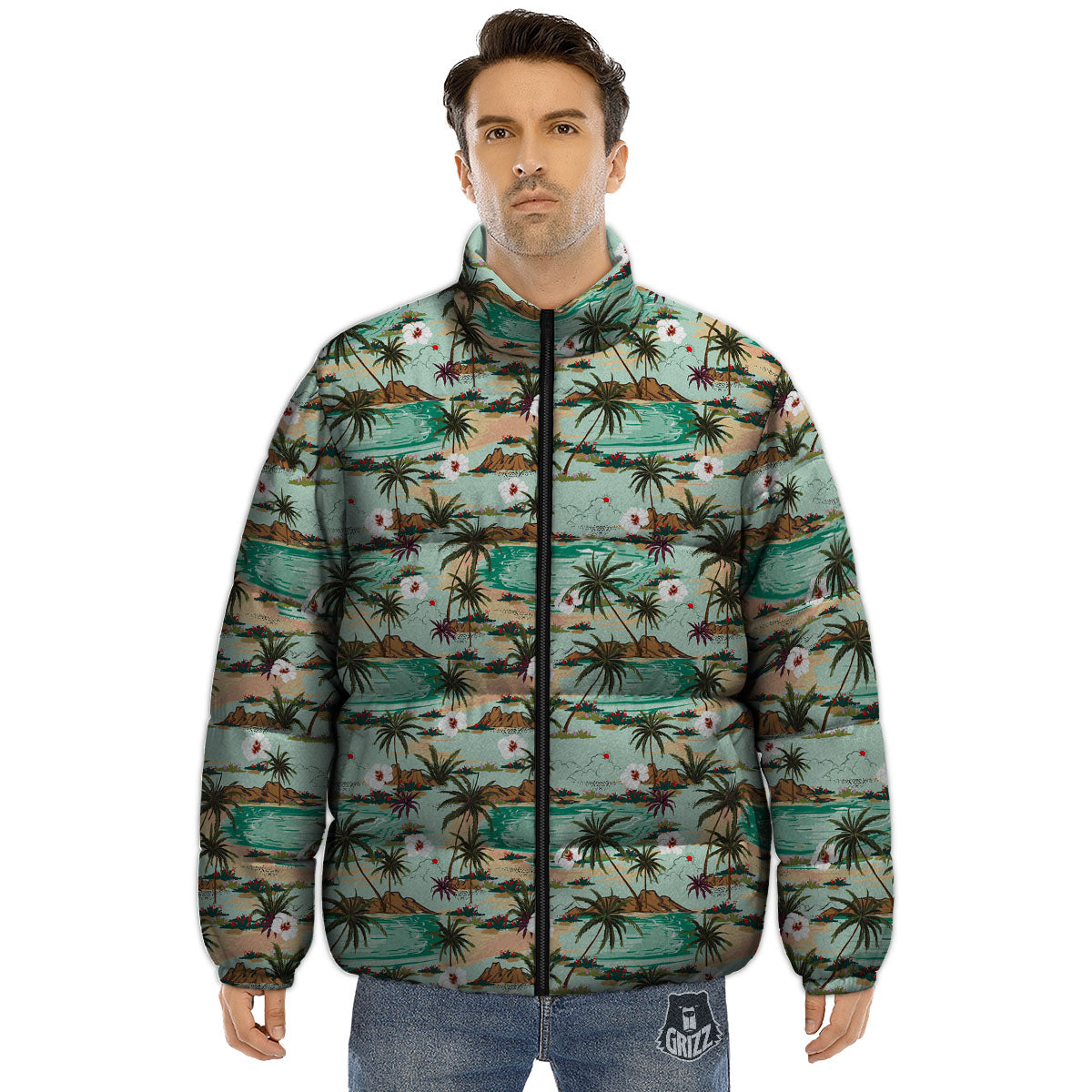 Plam Tree Beach Summer Print Pattern Puffer Jacket-grizzshop