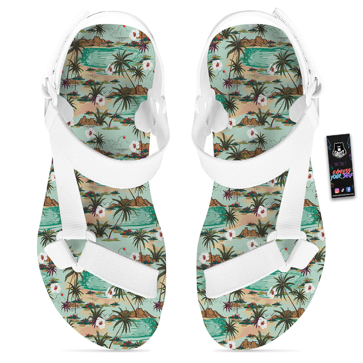 Plam Tree Beach Summer Print Pattern White Open Toe Sandals-grizzshop