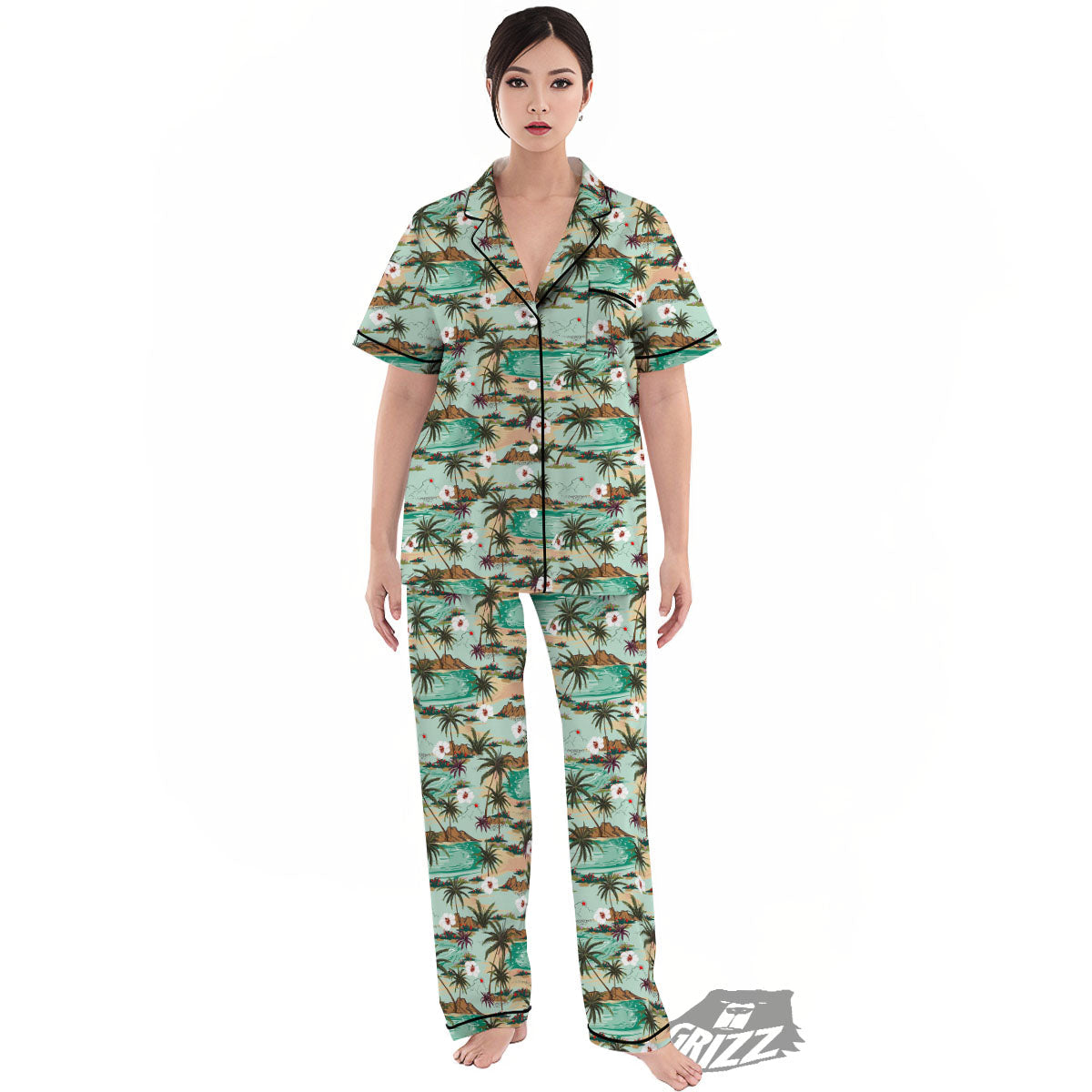 Plam Tree Beach Summer Print Pattern Women's Pajamas Set-grizzshop