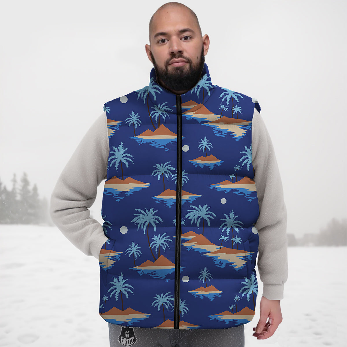 Plam Tree Beach Vintage Print Pattern Down Vest-grizzshop