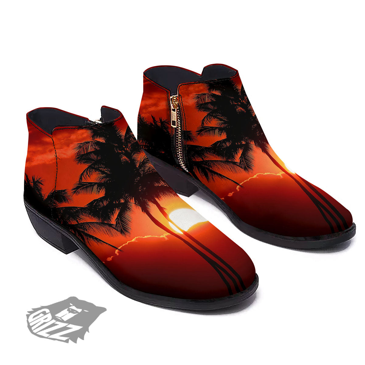 Plam Tree Sunset Tropical Print Ankle Boots-grizzshop