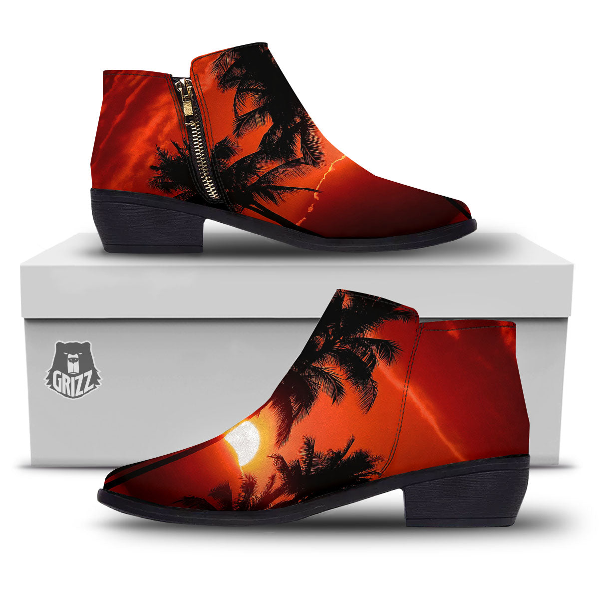 Plam Tree Sunset Tropical Print Ankle Boots-grizzshop