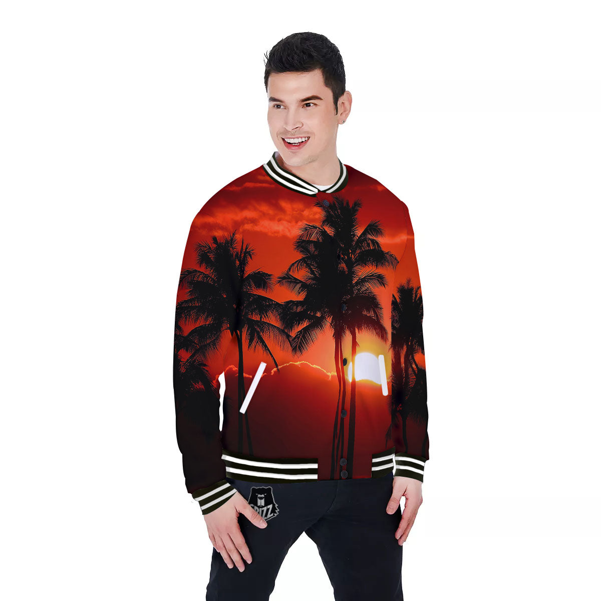 Plam Tree Sunset Tropical Print Baseball Jacket-grizzshop
