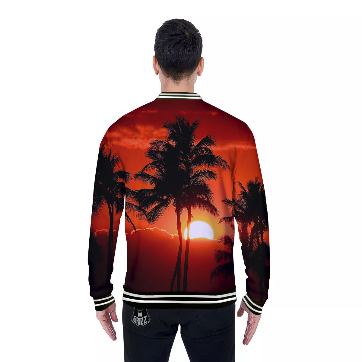 Plam Tree Sunset Tropical Print Baseball Jacket-grizzshop