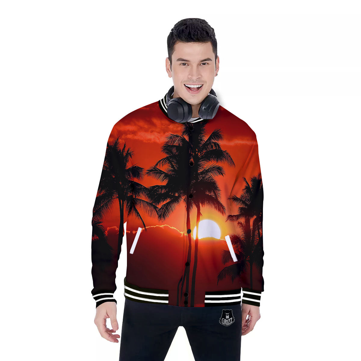 Plam Tree Sunset Tropical Print Baseball Jacket-grizzshop