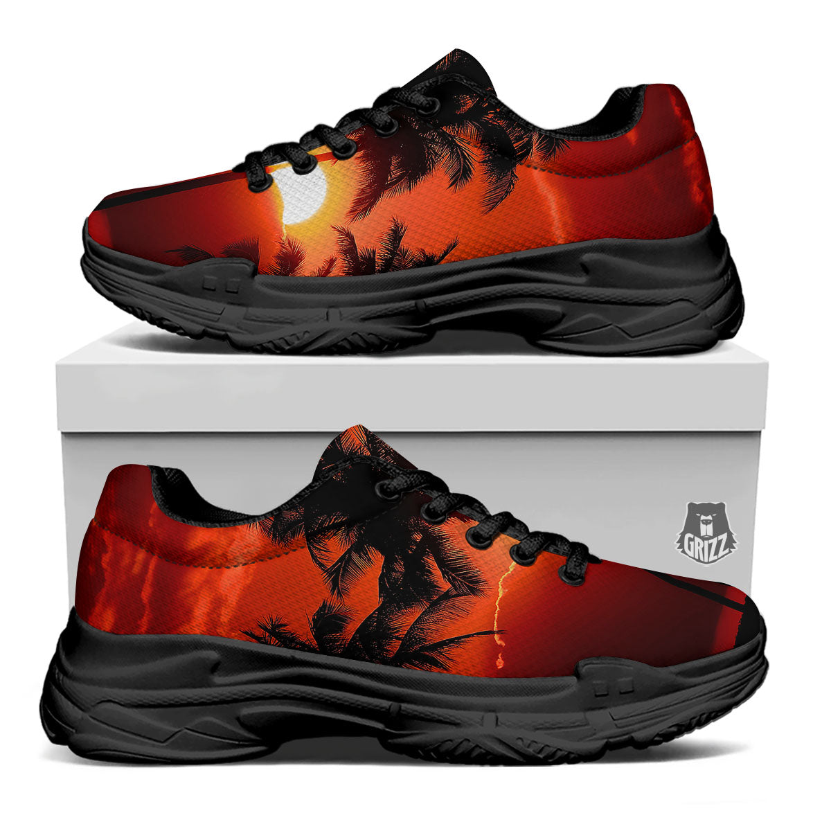Plam Tree Sunset Tropical Print Black Chunky Shoes-grizzshop
