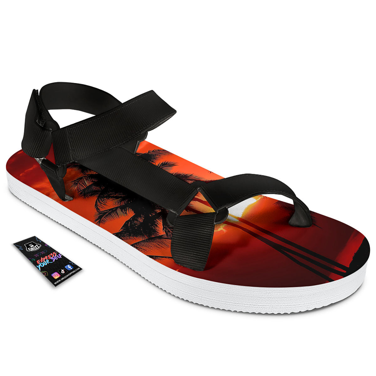Plam Tree Sunset Tropical Print Black Open Toe Sandals-grizzshop
