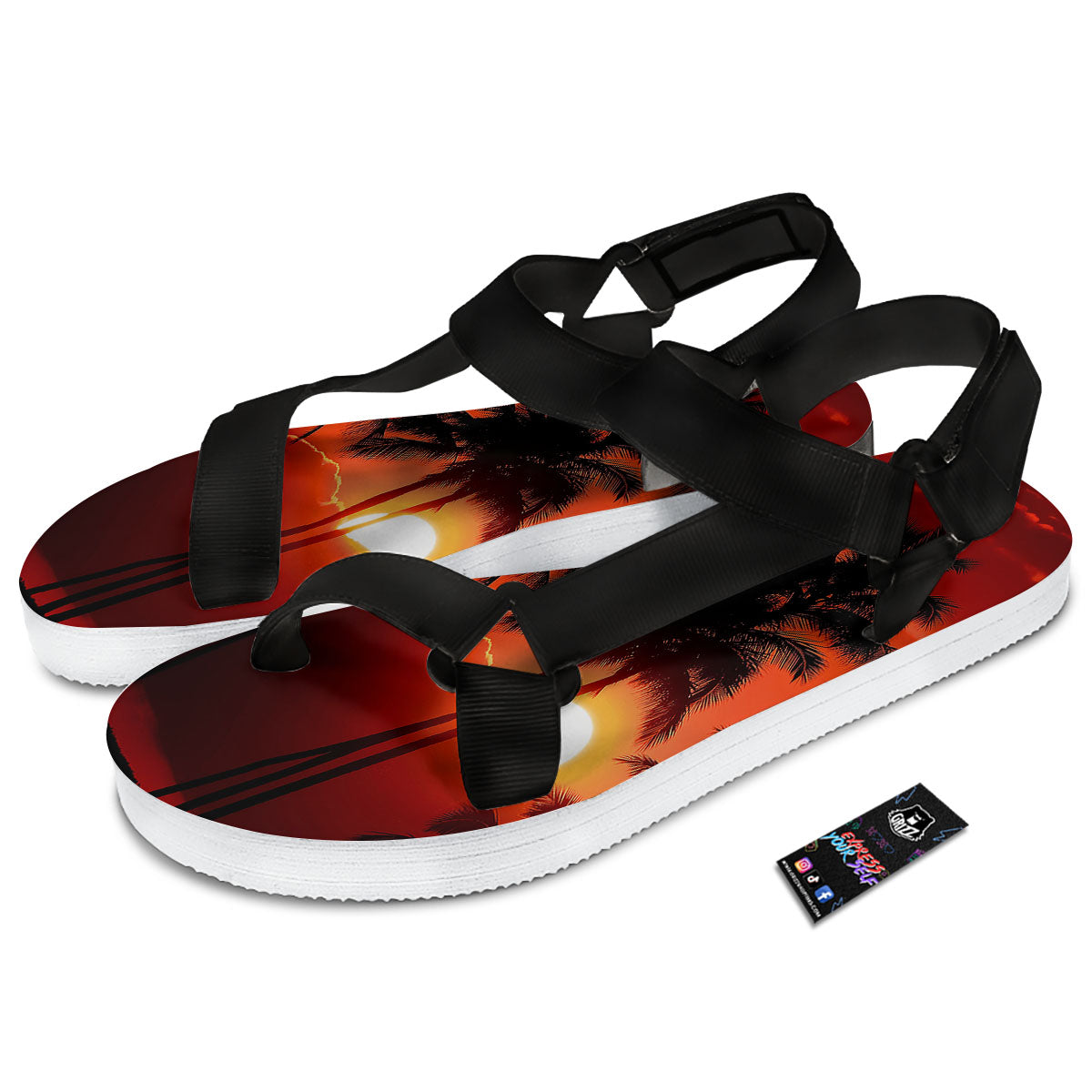 Plam Tree Sunset Tropical Print Black Open Toe Sandals-grizzshop
