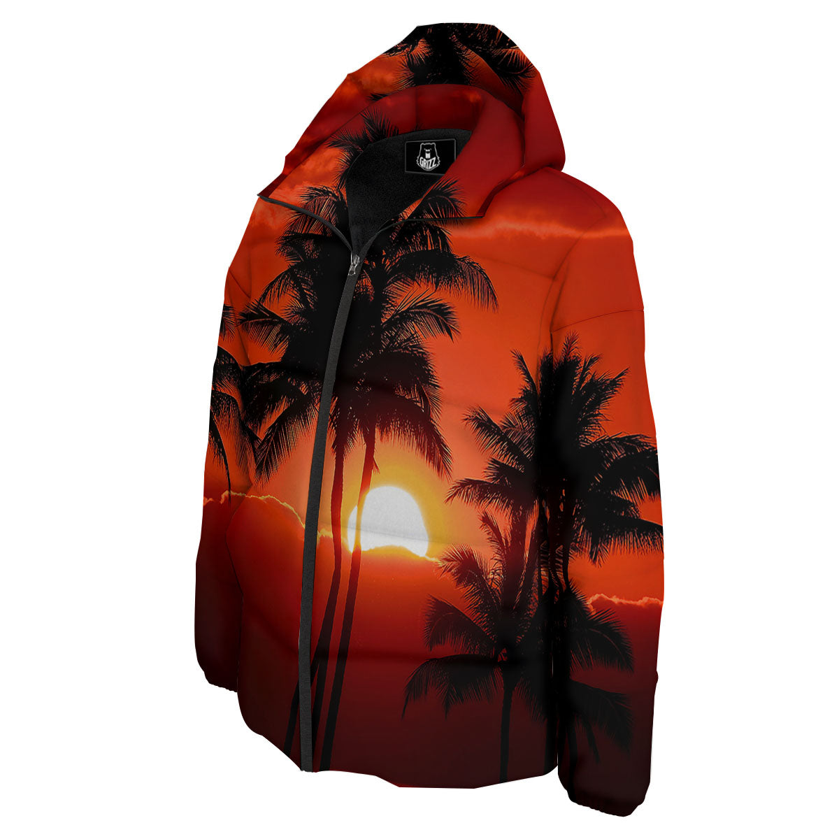 Plam Tree Sunset Tropical Print Down Jacket-grizzshop