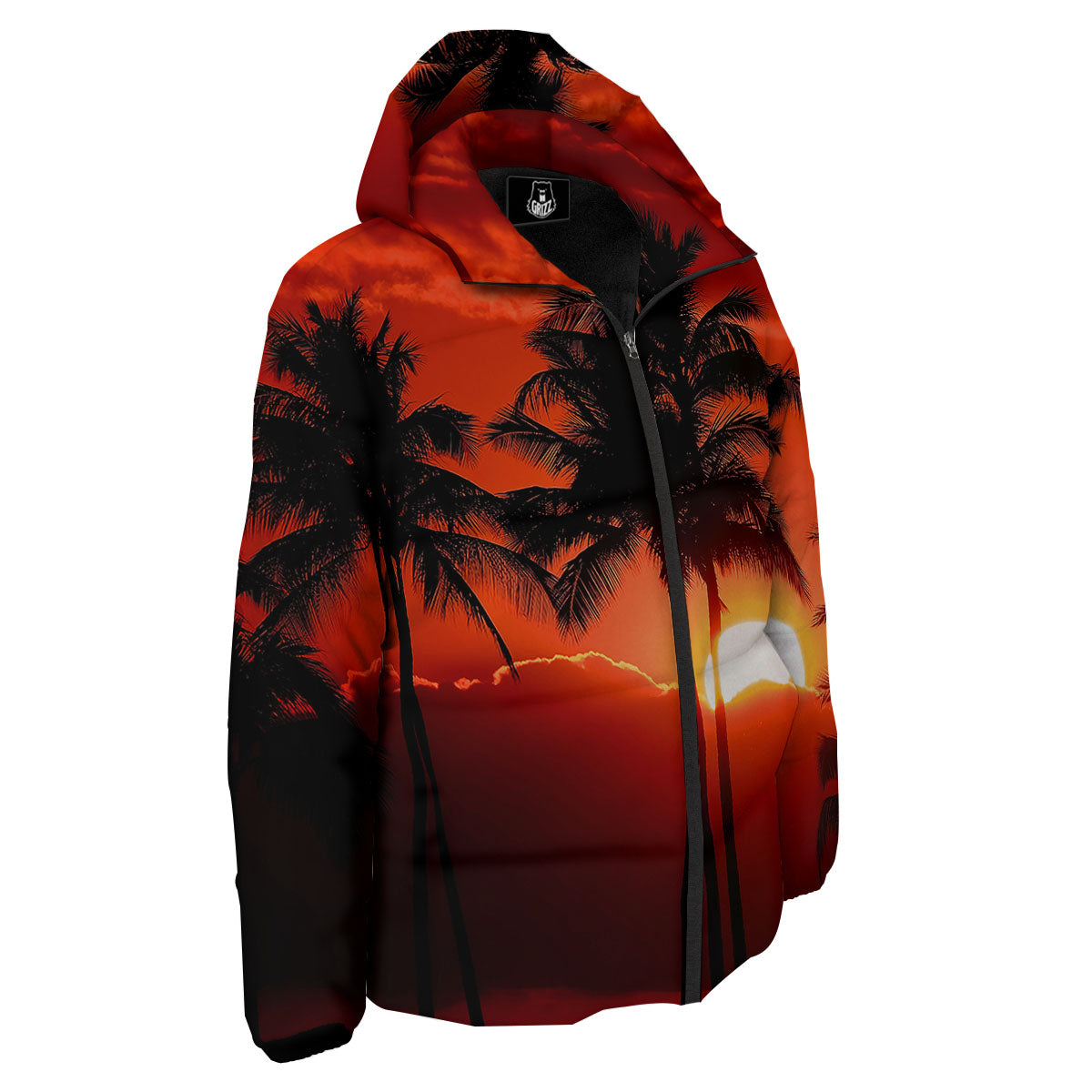 Plam Tree Sunset Tropical Print Down Jacket-grizzshop