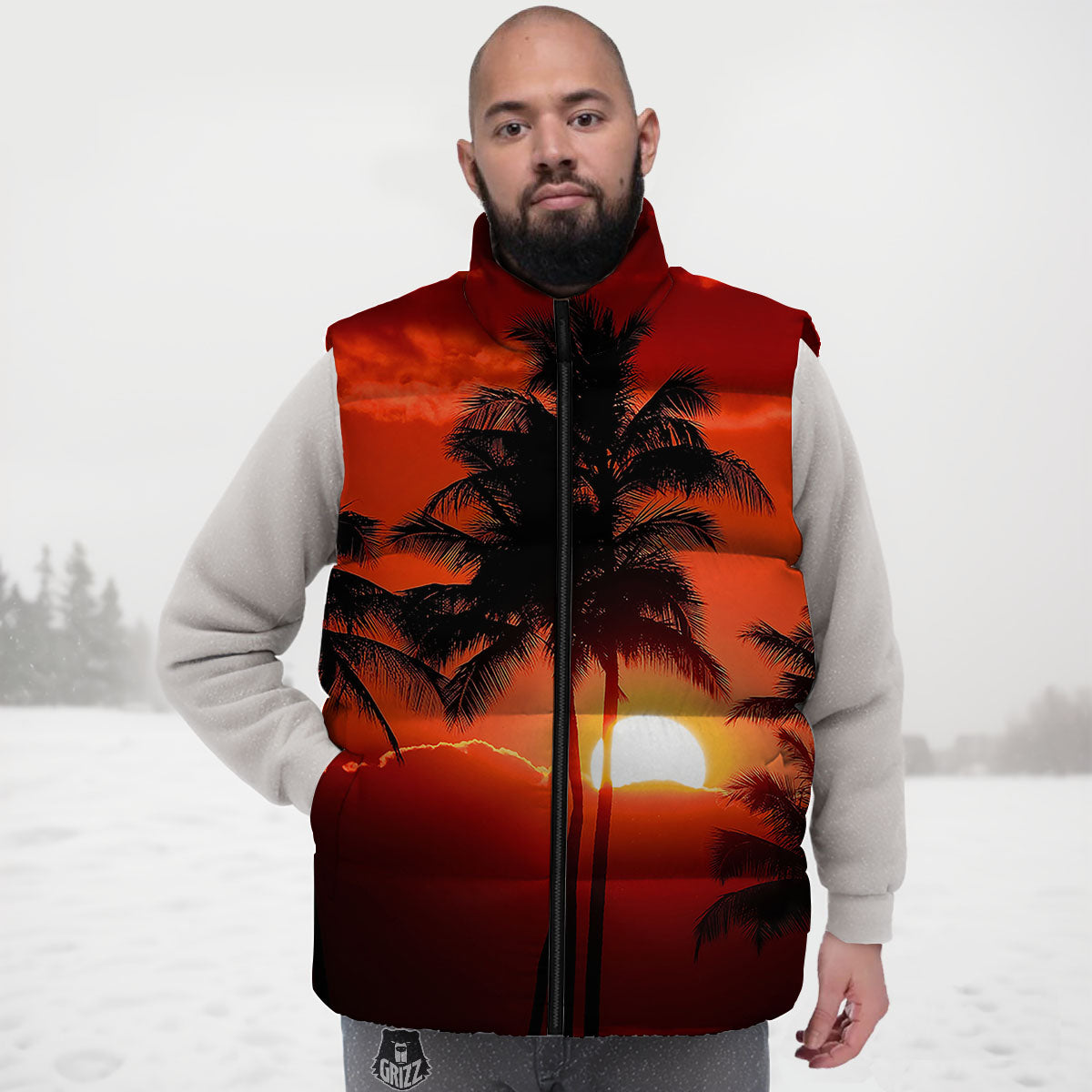 Plam Tree Sunset Tropical Print Down Vest