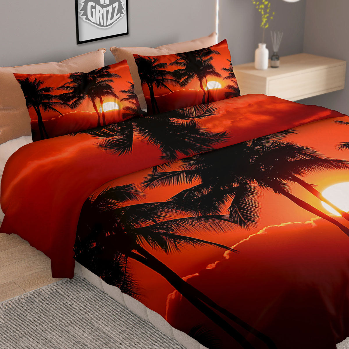 Plam Tree Sunset Tropical Print Duvet Cover Bedding Set