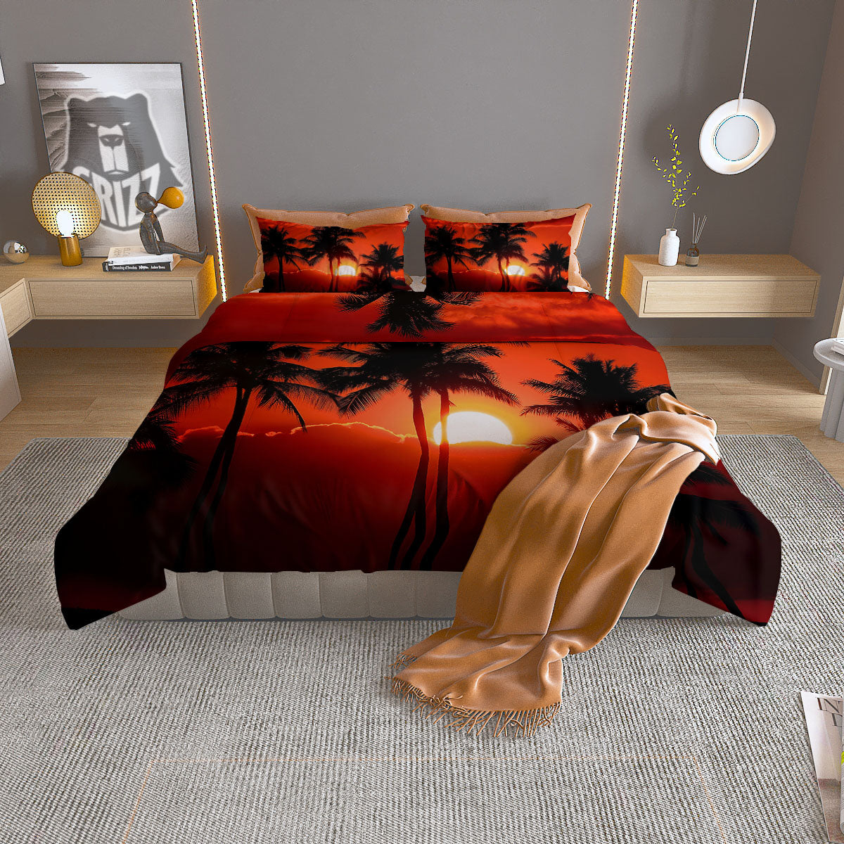 Plam Tree Sunset Tropical Print Duvet Cover Bedding Set