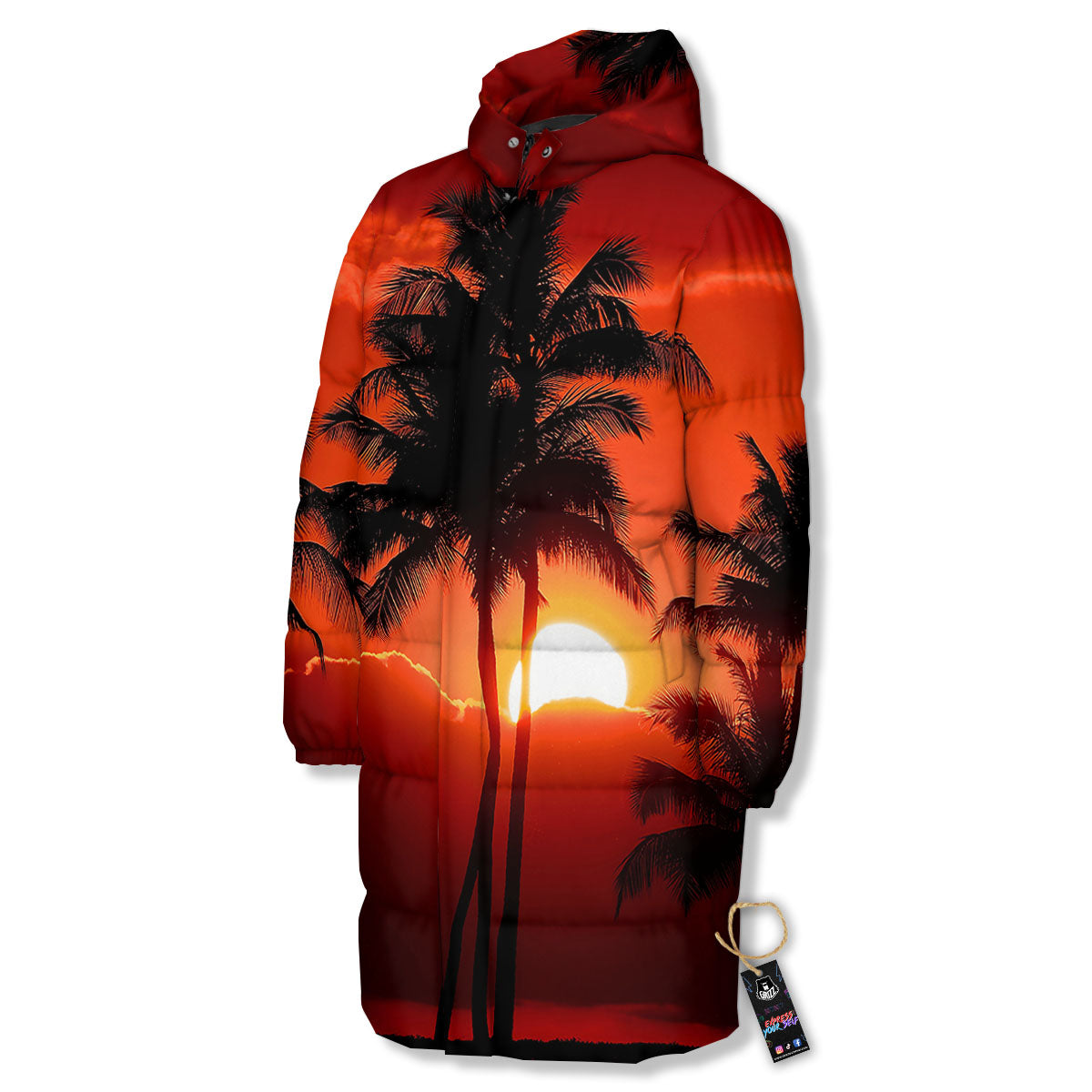 Plam Tree Sunset Tropical Print Long Down Jacket-grizzshop