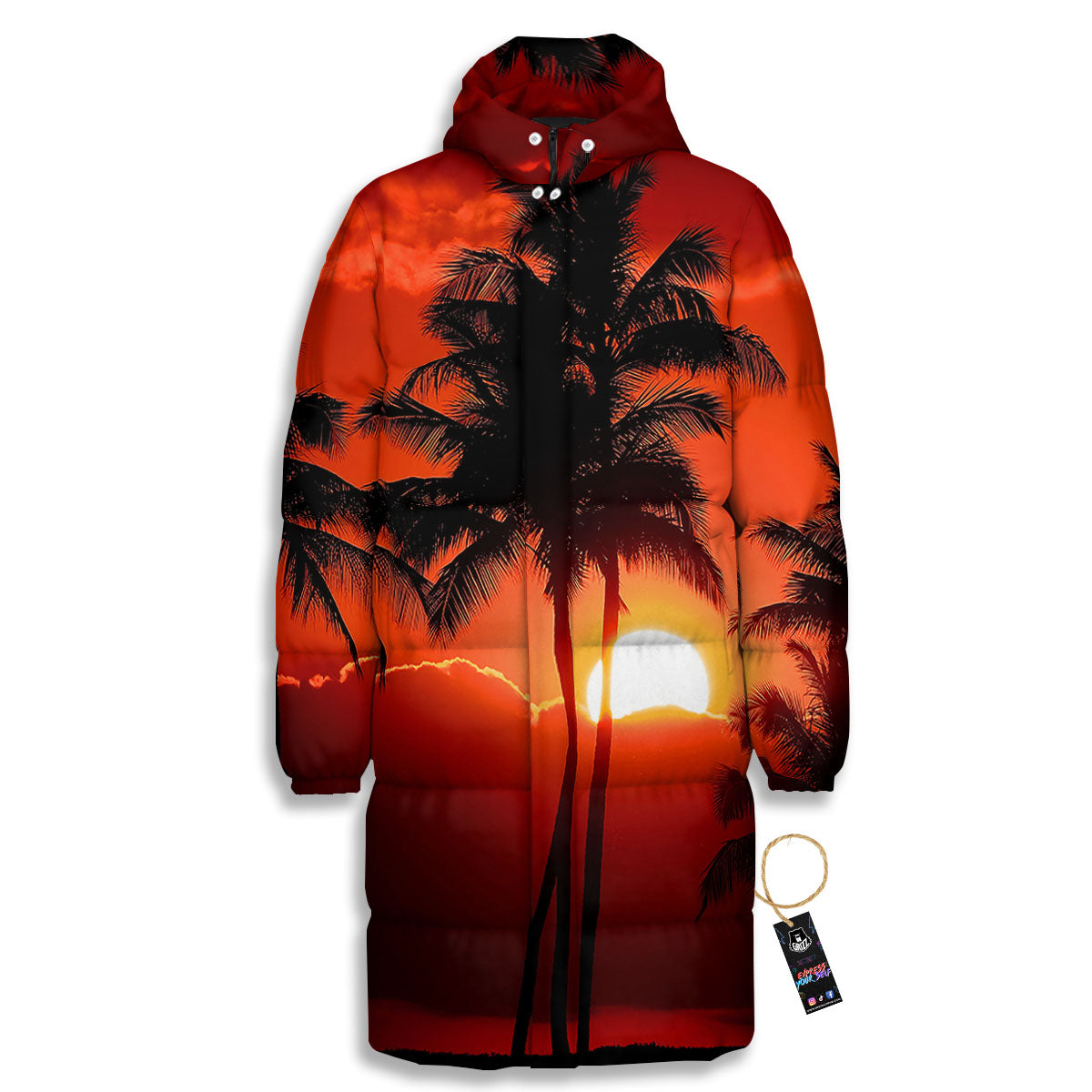Plam Tree Sunset Tropical Print Long Down Jacket-grizzshop