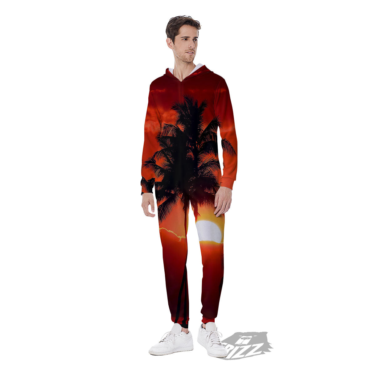 Plam Tree Sunset Tropical Print Men's Jumpsuit-grizzshop