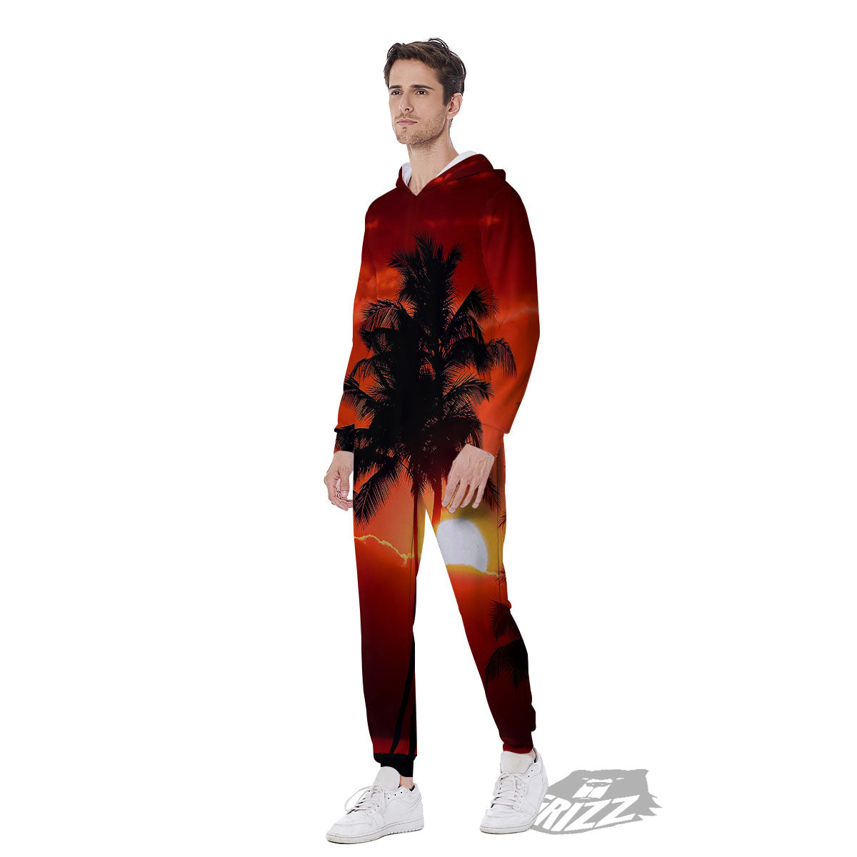 Plam Tree Sunset Tropical Print Men's Jumpsuit-grizzshop