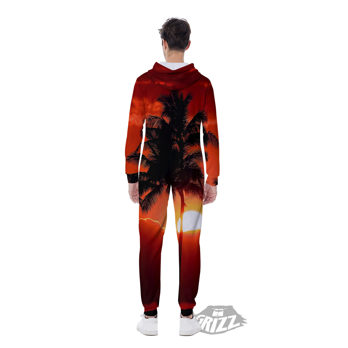 Plam Tree Sunset Tropical Print Men's Jumpsuit-grizzshop