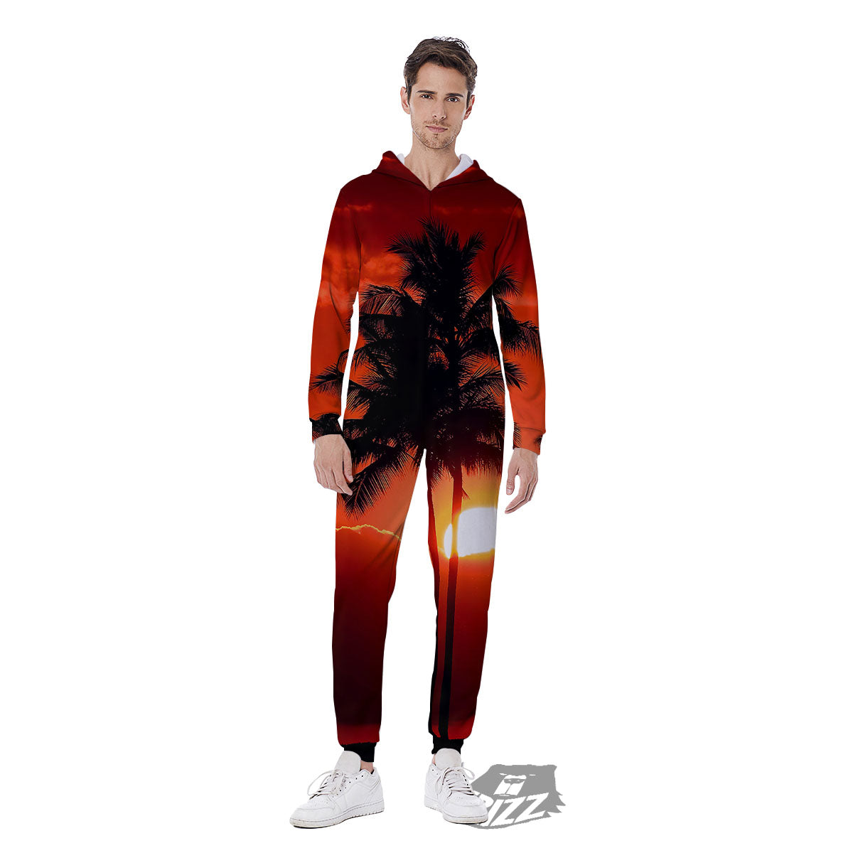 Plam Tree Sunset Tropical Print Men's Jumpsuit-grizzshop