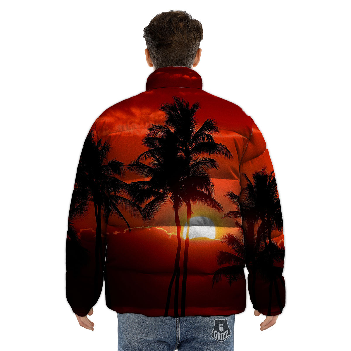 Plam Tree Sunset Tropical Print Puffer Jacket-grizzshop