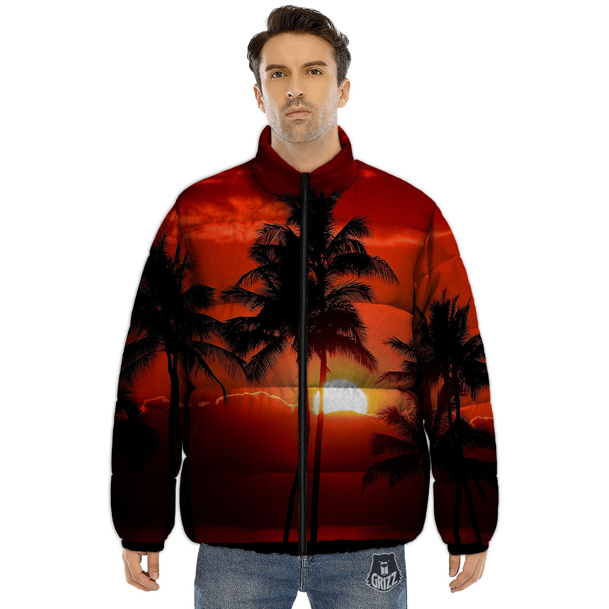 Plam Tree Sunset Tropical Print Puffer Jacket-grizzshop