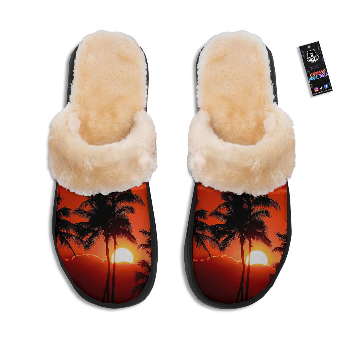 Plam Tree Sunset Tropical Print Slippers-grizzshop