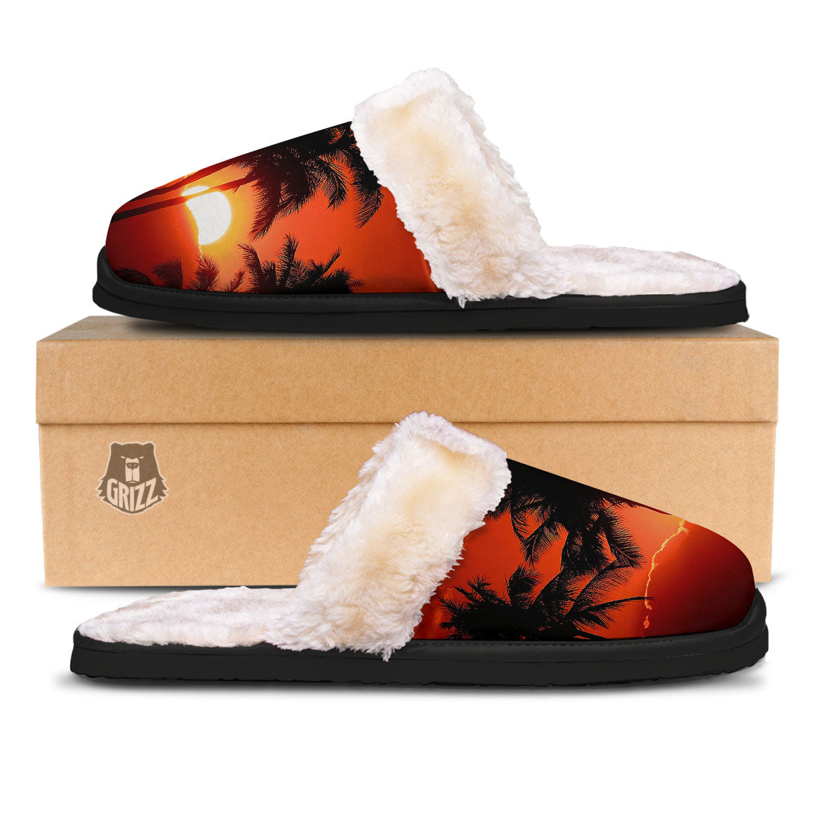 Plam Tree Sunset Tropical Print Slippers-grizzshop