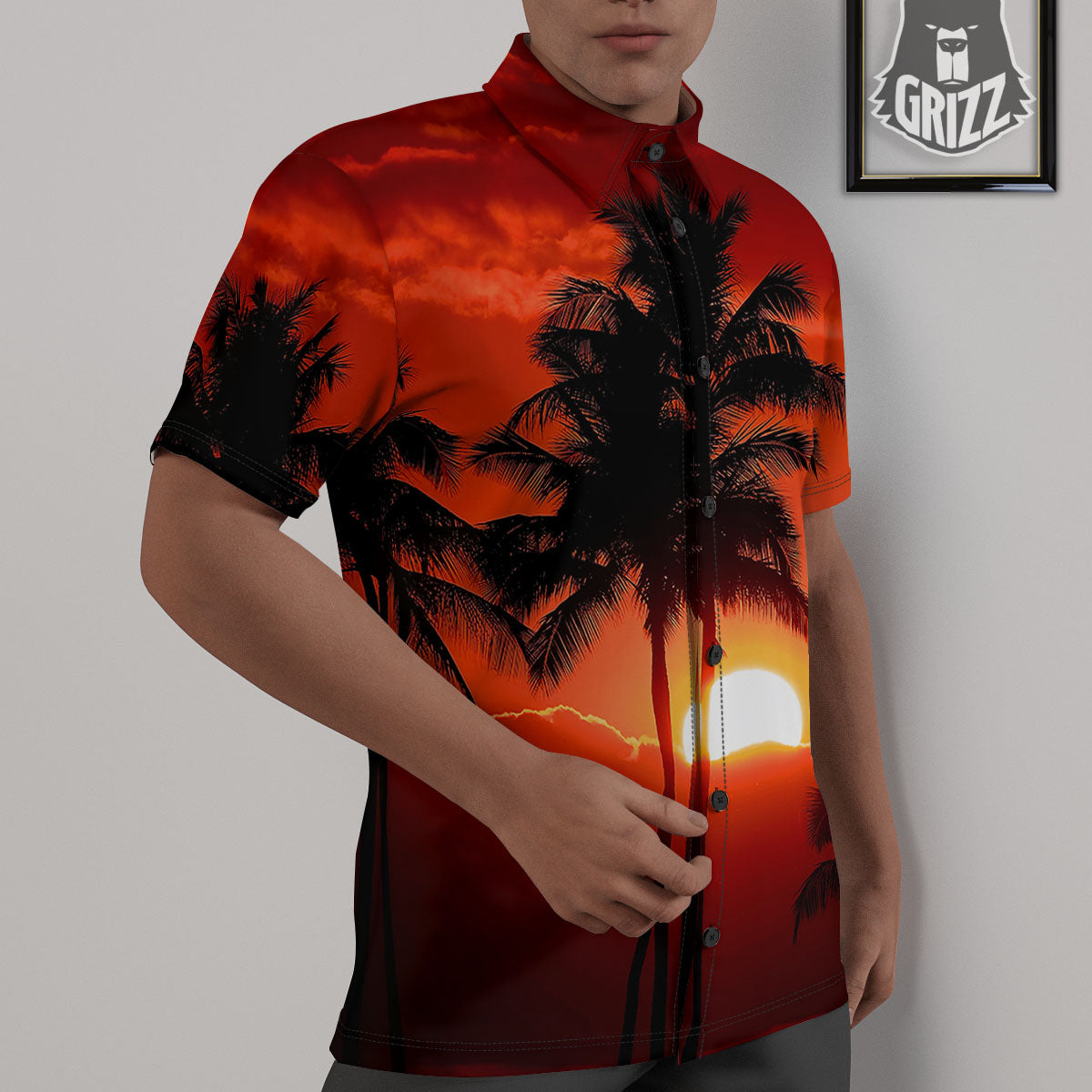 Plam Tree Sunset Tropical Print Untucked Shirts-grizzshop