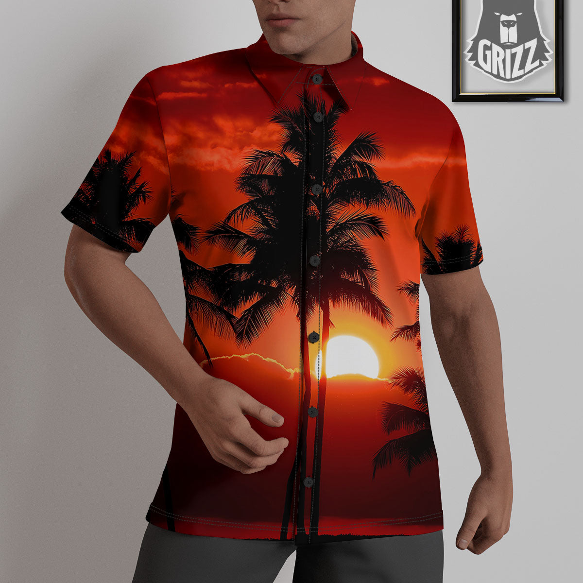 Plam Tree Sunset Tropical Print Untucked Shirts-grizzshop
