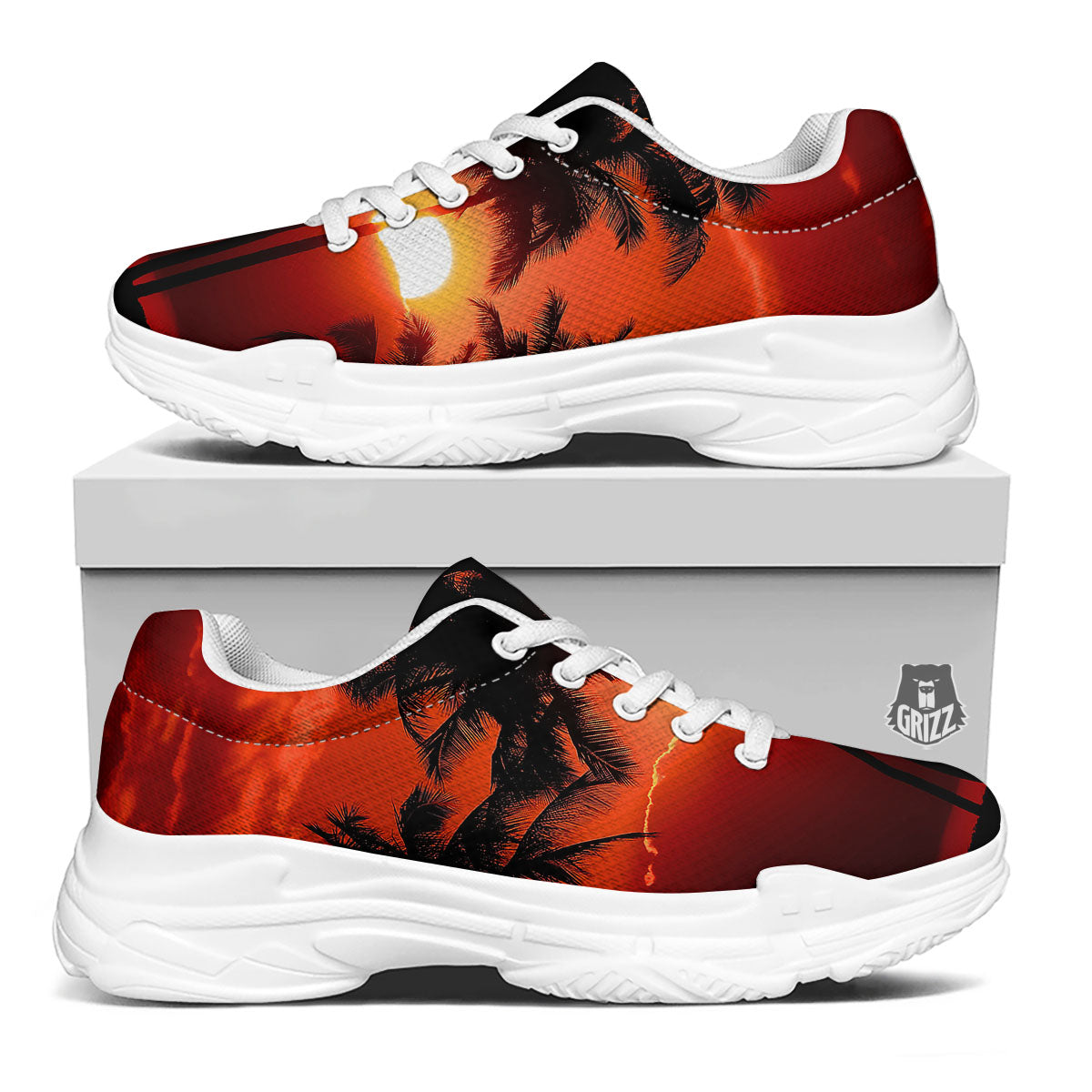 Plam Tree Sunset Tropical Print White Chunky Shoes-grizzshop