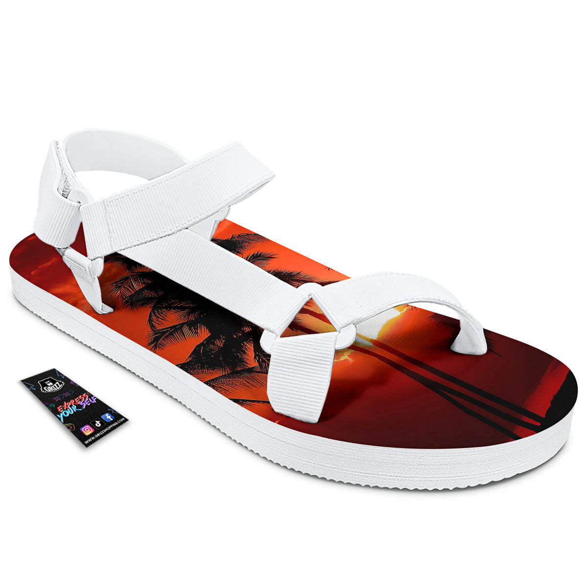 Plam Tree Sunset Tropical Print White Open Toe Sandals-grizzshop
