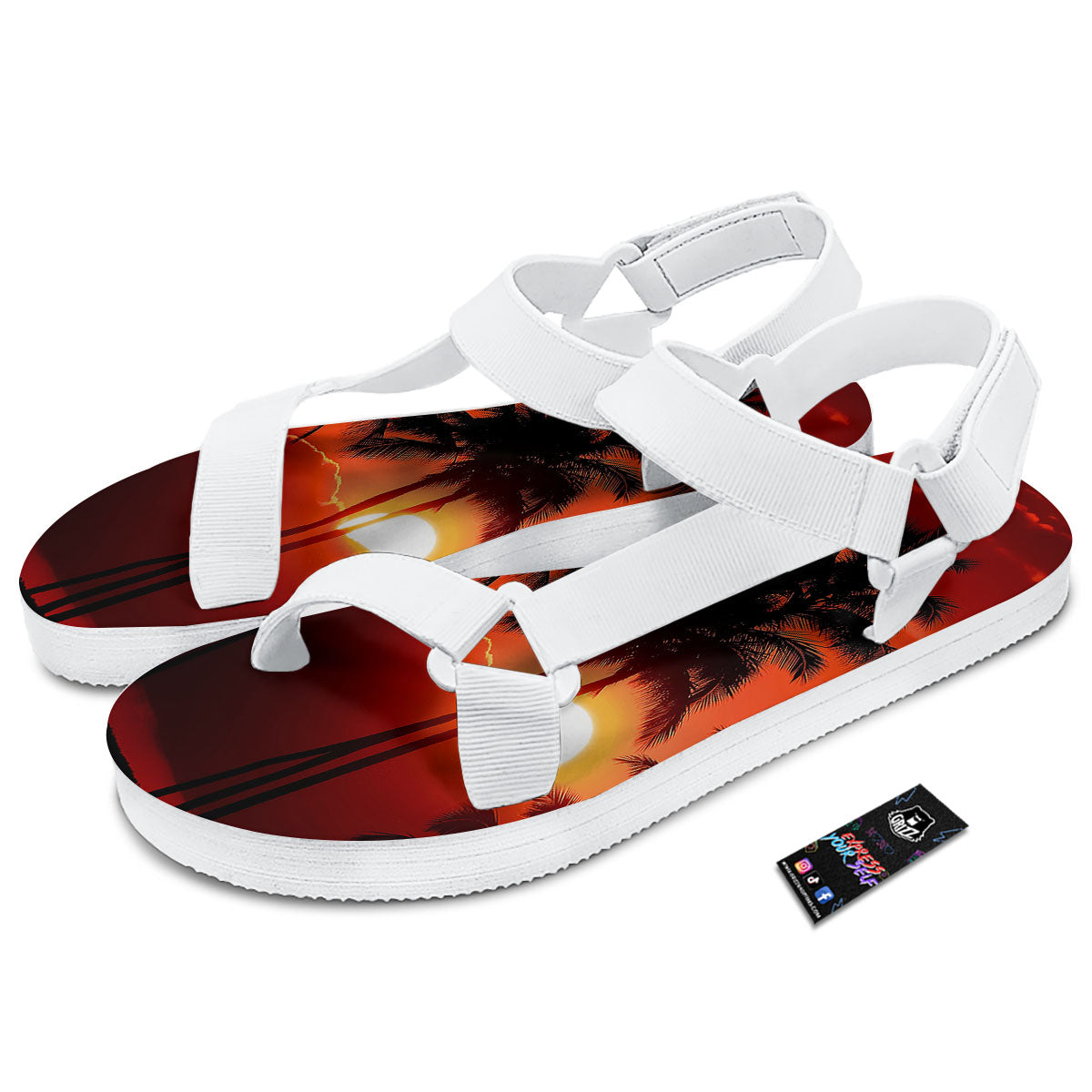 Plam Tree Sunset Tropical Print White Open Toe Sandals-grizzshop