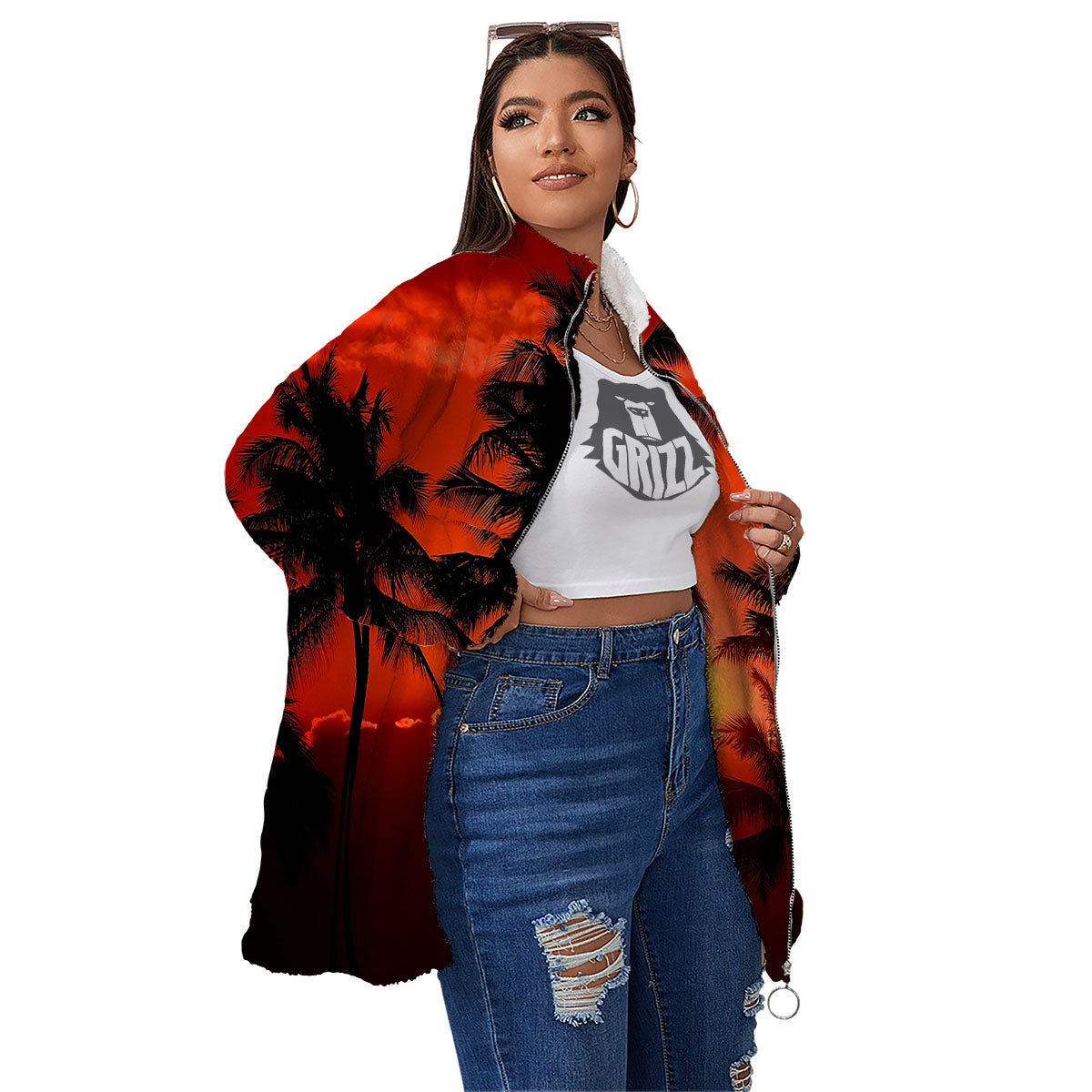 Plam Tree Sunset Tropical Print Women's Sherpa Jacket-grizzshop