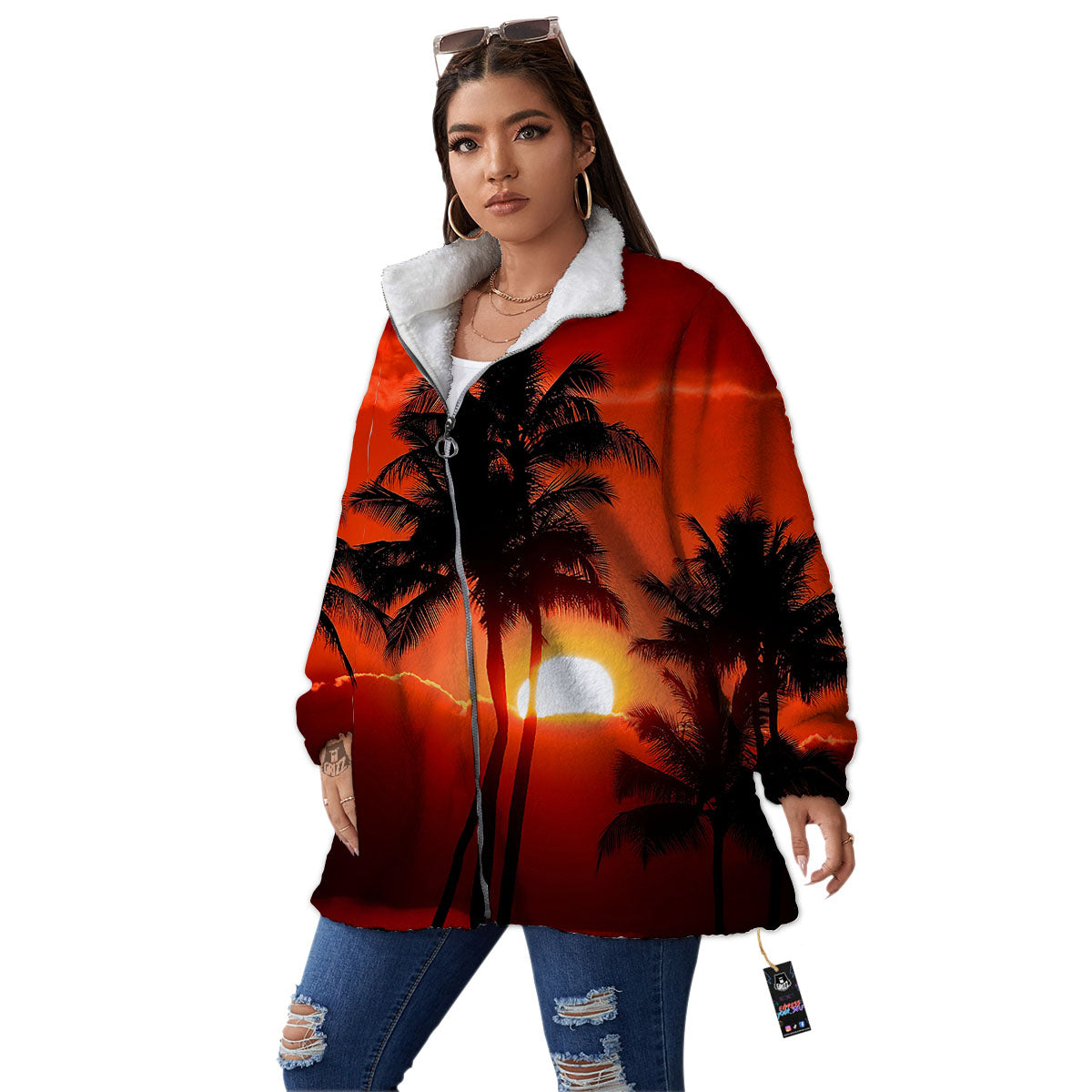 Plam Tree Sunset Tropical Print Women's Sherpa Jacket-grizzshop