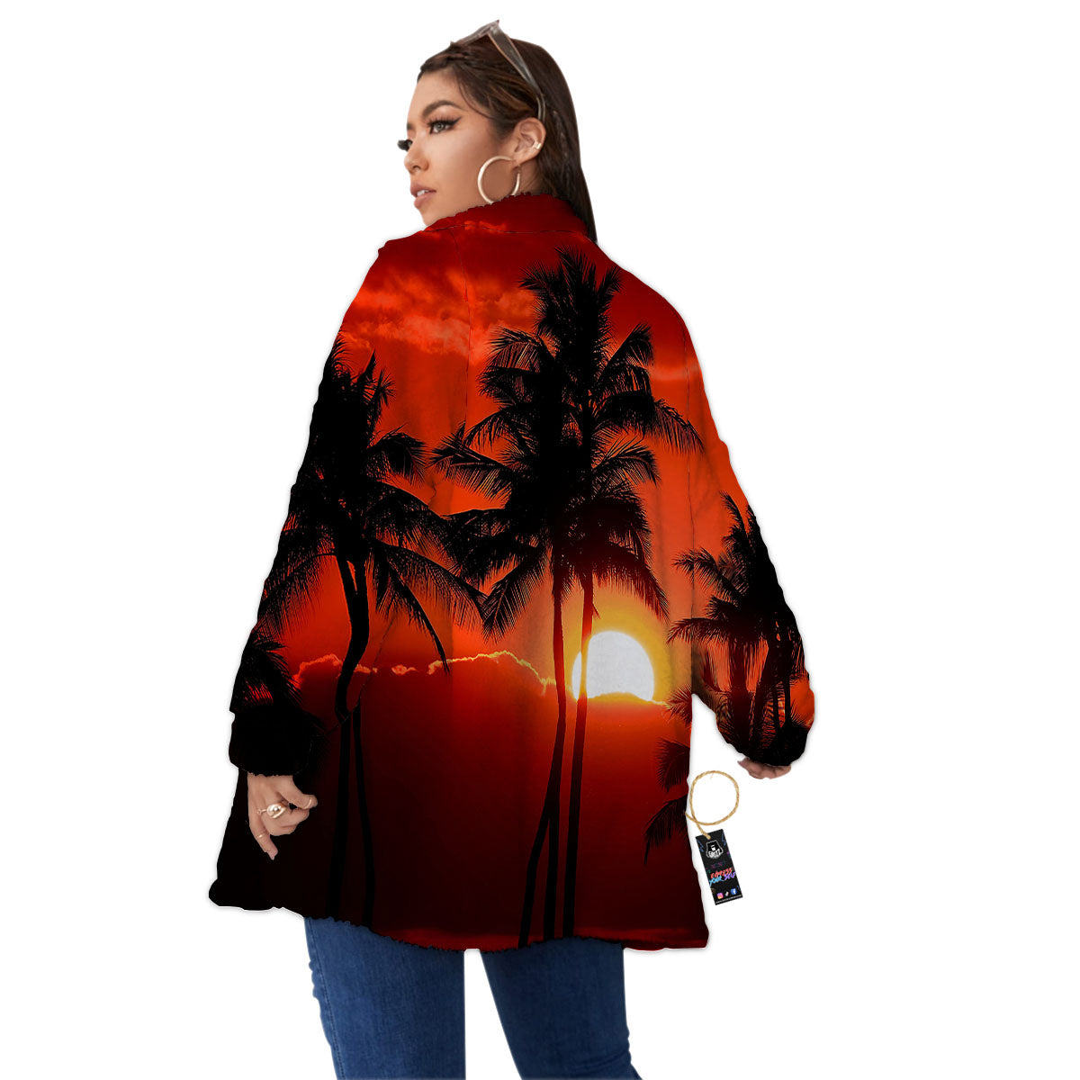Plam Tree Sunset Tropical Print Women's Sherpa Jacket-grizzshop