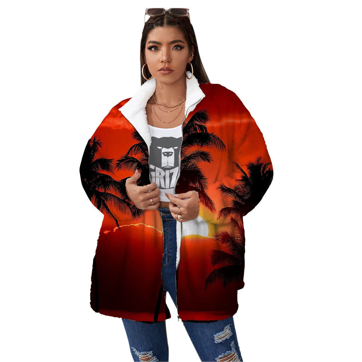 Plam Tree Sunset Tropical Print Women's Sherpa Jacket-grizzshop