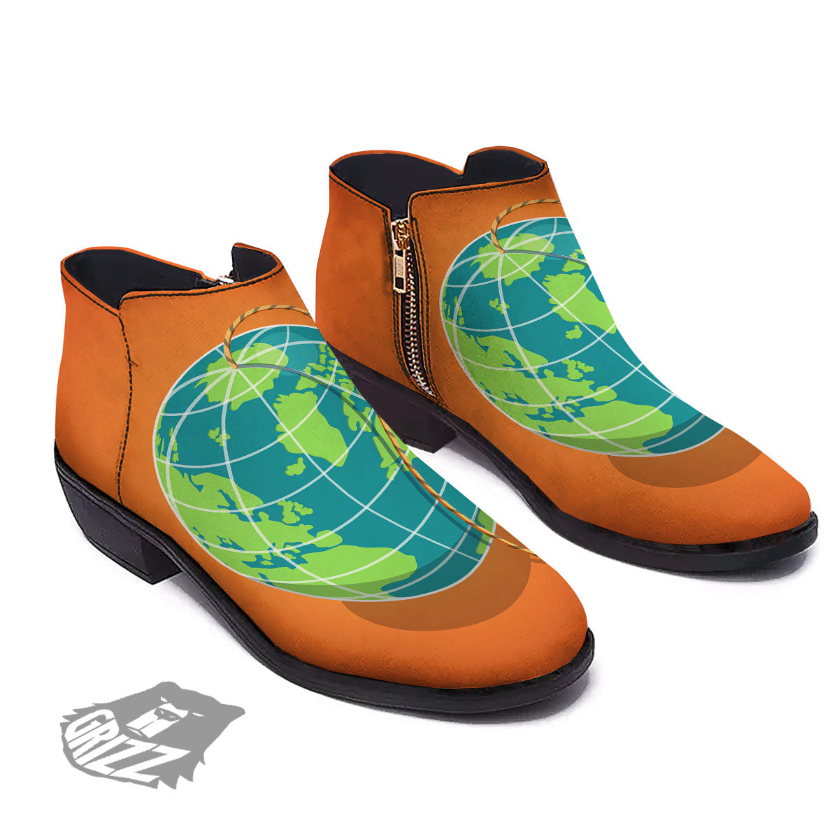 Planet Earth With Burning Fuse Orange Print Ankle Boots-grizzshop