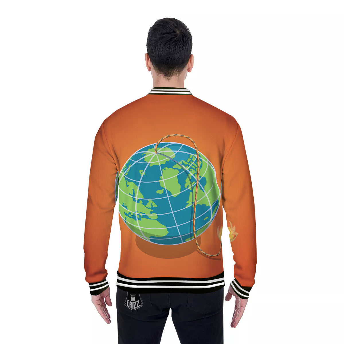 Planet Earth With Burning Fuse Orange Print Baseball Jacket-grizzshop